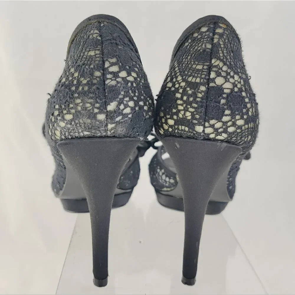 Steve madden Vale Sz 6 Giant Bow Black Lace D'Orsay Platform Stiletto Peep Heels